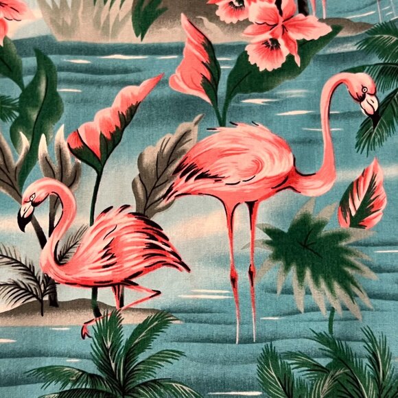 Benny's Retro Flamingo Print Button Down Shirt, Blue Pink Green, M - Picture 4 of 7